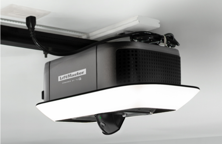 Lift Master garage door opener on garage ceiling