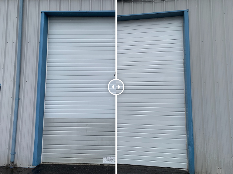 A before and after photo of a tall commercial garage door repainted