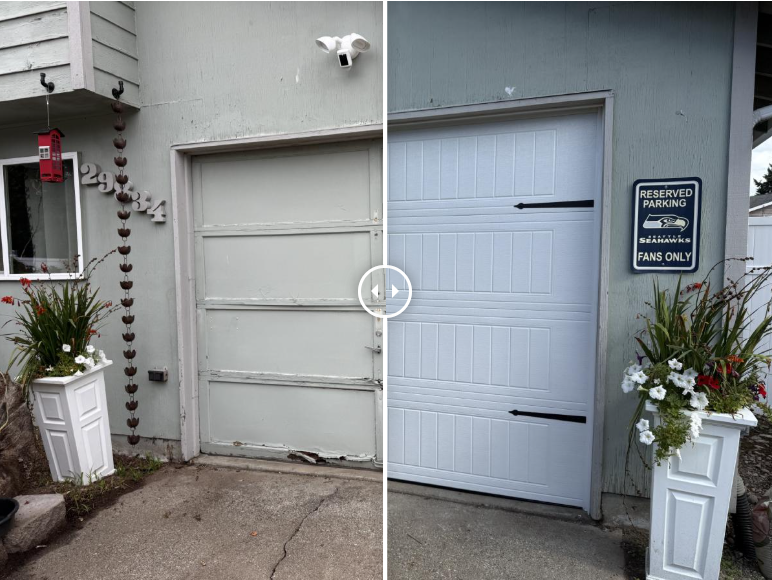 before and after photo of a garage door repair and paint job