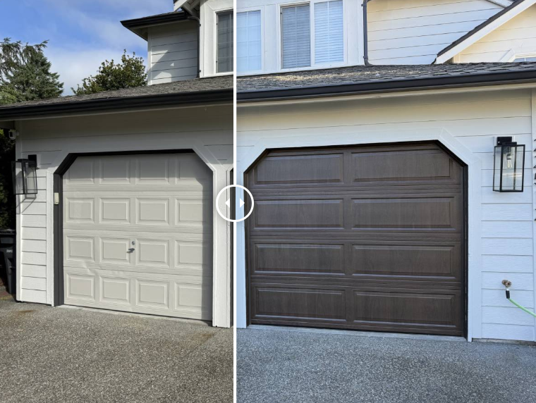 Before and after photo of a garage door installation, with the before picture of a white garage door on the left and the after picture of the brown garage door on the right